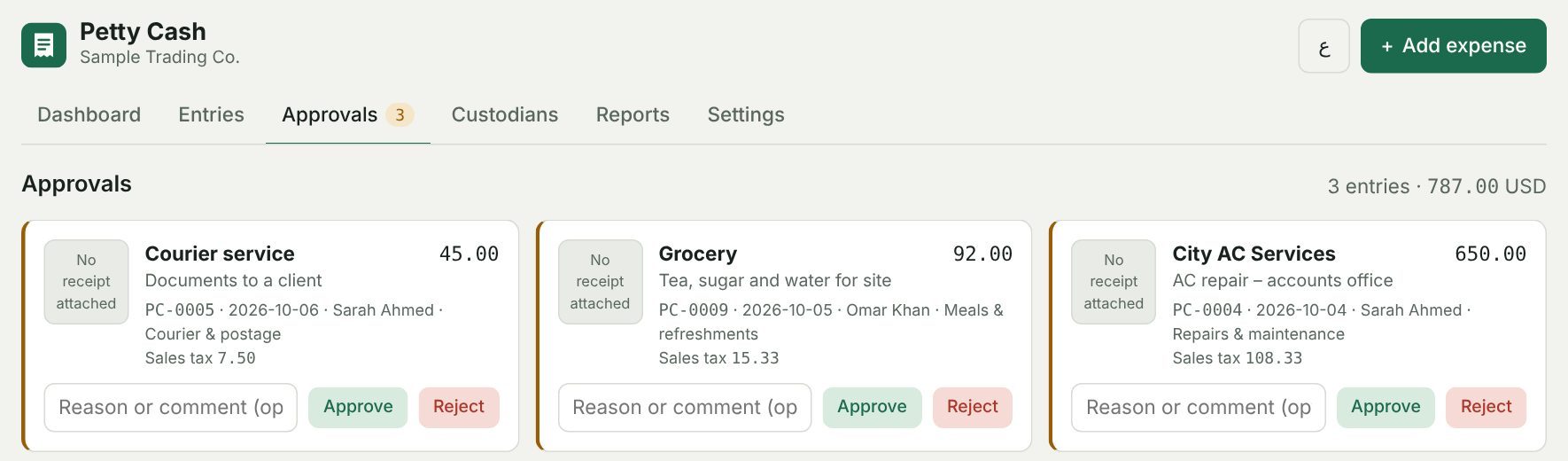 Approvals screen listing pending expenses with approve and reject buttons